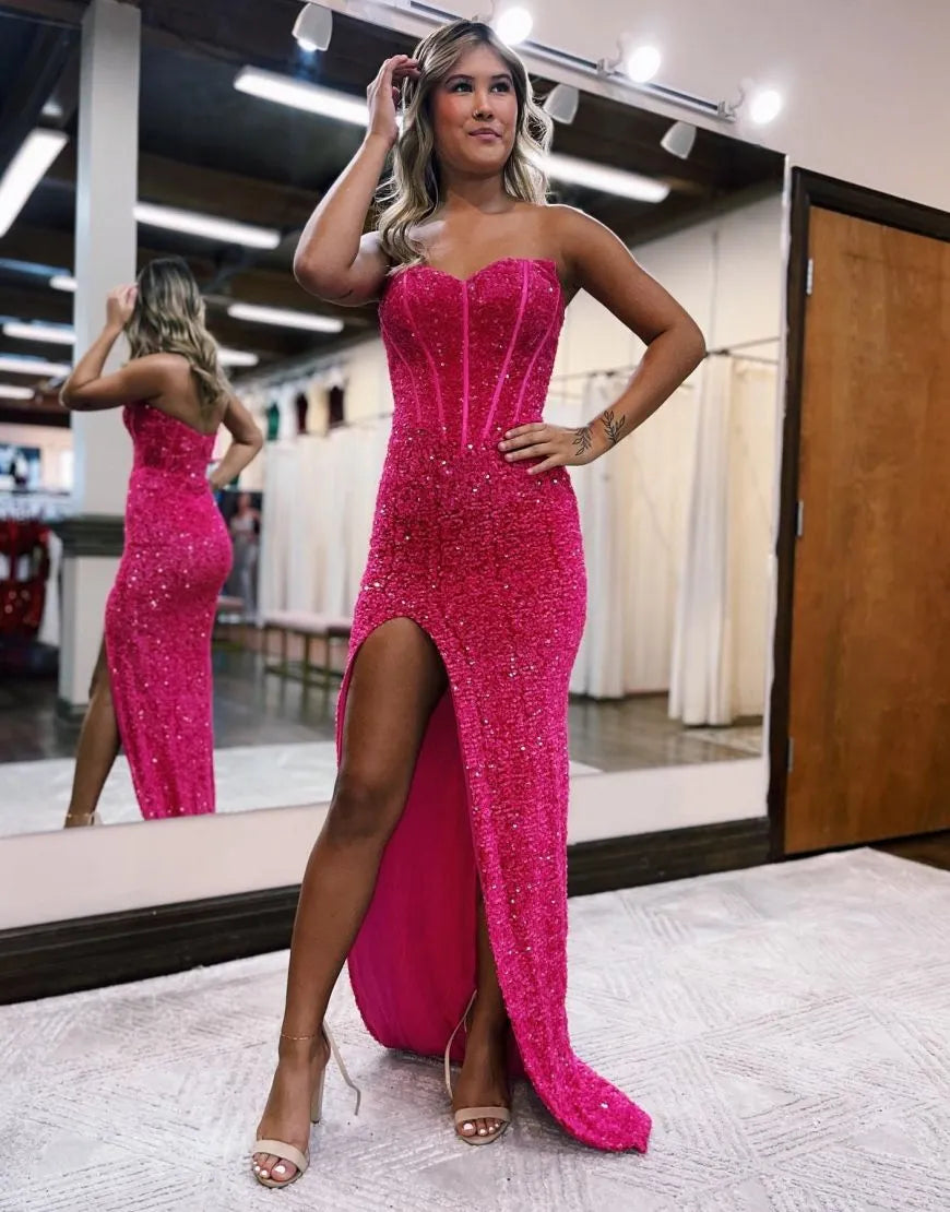 Aimishang Sheath Strapless Sequin Long Prom Dress Glitter Charming Evening Party Dress With Split
