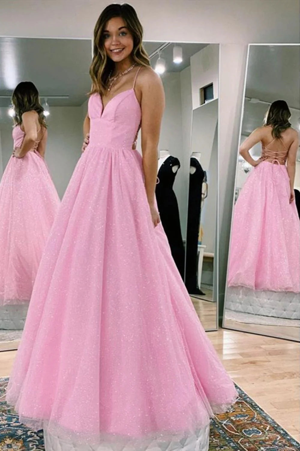 Wholesale Long Prom Dress Shiny A Line V Neck Backless Pink Open Back Pink Formal Evening Dress