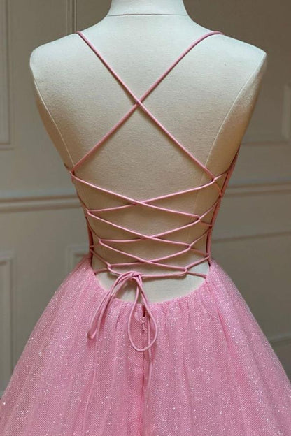 Wholesale Long Prom Dress Shiny A Line V Neck Backless Pink Open Back Pink Formal Evening Dress