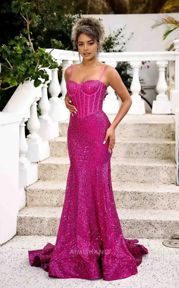 Aimishang Shiny Mermaid Sweetheart Spaghetti Straps Sleeveless Party Evening Gowns Charming Graduation Dress Elegant Long Prom Dress