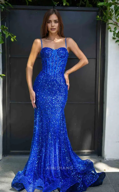 Aimishang Shiny Mermaid Sweetheart Spaghetti Straps Sleeveless Party Evening Gowns Charming Graduation Dress Elegant Long Prom Dress