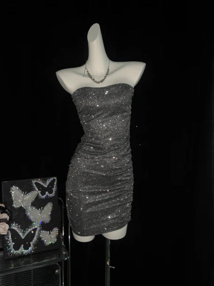 Aimishang Shiny Sheath Strapless Homecoming Dress Charming Birthday Party Dress Simple Mini Dress