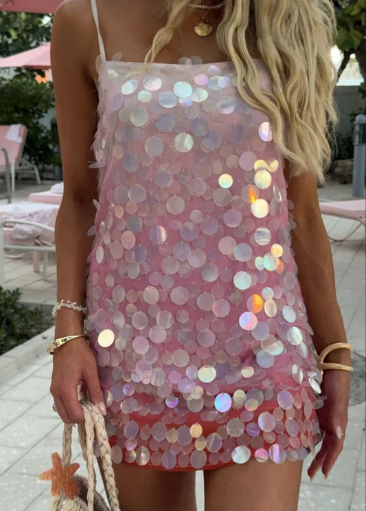 Aimishang Shiny Spaghetti Straps Sequin Homecoming Dress Short Graduation Dress Lovely Birthday Party Dress