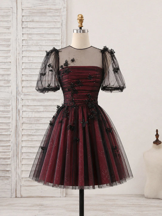 Aimishang Shiny A-line Short Sleeves Tulle Black/Burgundy Short Summer Homecoming Dress with Appliques