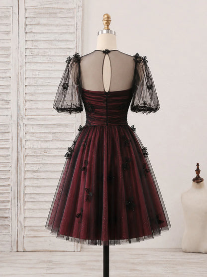 Aimishang Shiny A-line Short Sleeves Tulle Black/Burgundy Short Summer Homecoming Dress with Appliques