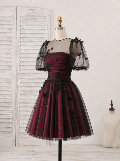 Aimishang Shiny A-line Short Sleeves Tulle Black/Burgundy Short Summer Homecoming Dress with Appliques