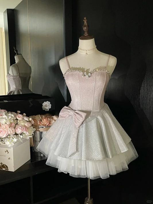 Aimishang Shiny A Line Sweetheart Spaghetti Straps Sleeveless Short Birthday Party Dress Pretty Homecoming Dress With Bow
