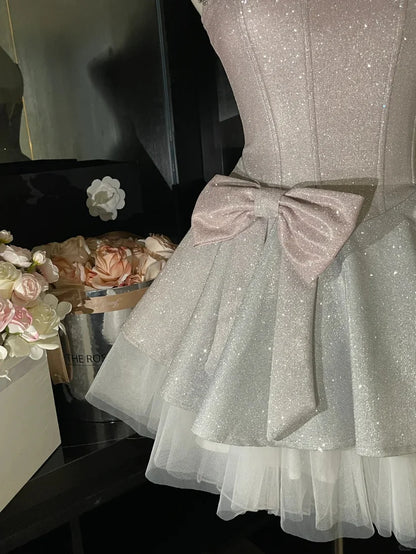 Aimishang Shiny A Line Sweetheart Spaghetti Straps Sleeveless Short Birthday Party Dress Pretty Homecoming Dress With Bow