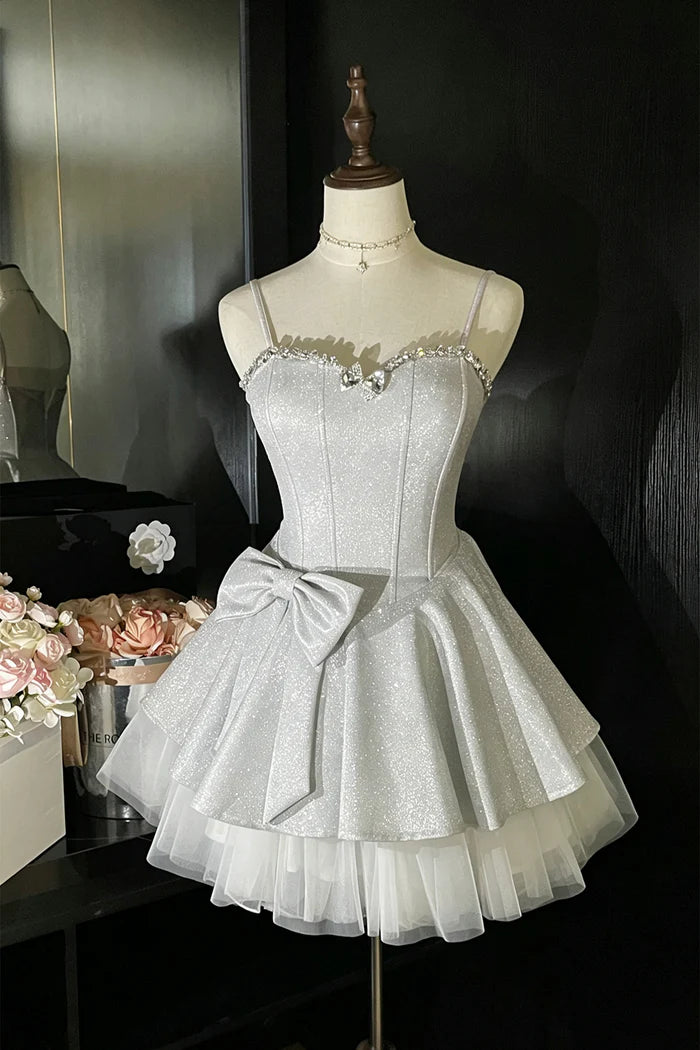 Aimishang Shiny A Line Sweetheart Spaghetti Straps Sleeveless Short Birthday Party Dress Pretty Homecoming Dress With Bow