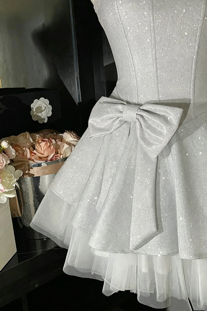 Aimishang Shiny A Line Sweetheart Spaghetti Straps Sleeveless Short Birthday Party Dress Pretty Homecoming Dress With Bow