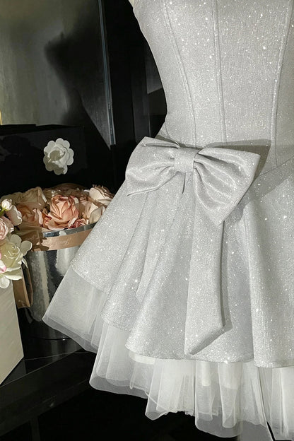 Aimishang Shiny A Line Sweetheart Spaghetti Straps Sleeveless Short Birthday Party Dress Pretty Homecoming Dress With Bow