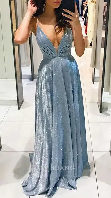 Aimishang Shiny A Line V-neck Sleeveless Long Prom Dress Sexy Party Evening Gown Fashion Formal Dress
