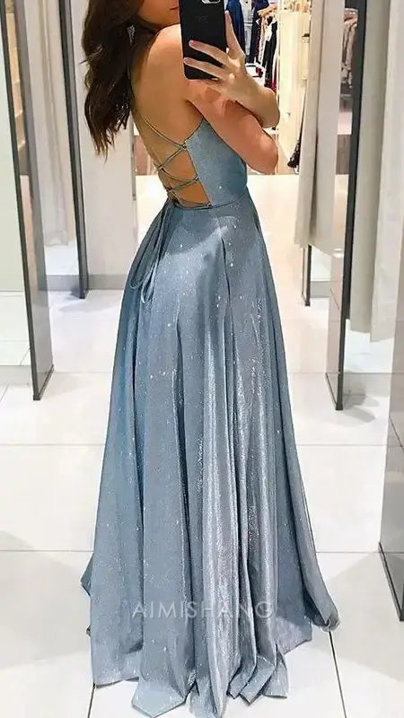 Aimishang Shiny A Line V-neck Sleeveless Long Prom Dress Sexy Party Evening Gown Fashion Formal Dress