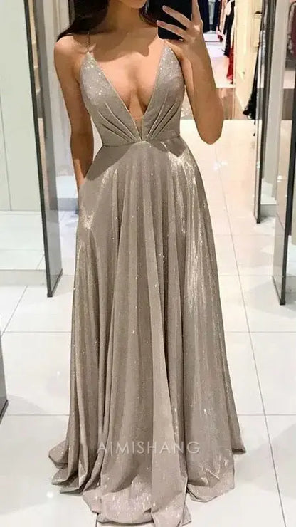 Aimishang Shiny A Line V-neck Sleeveless Long Prom Dress Sexy Party Evening Gown Fashion Formal Dress