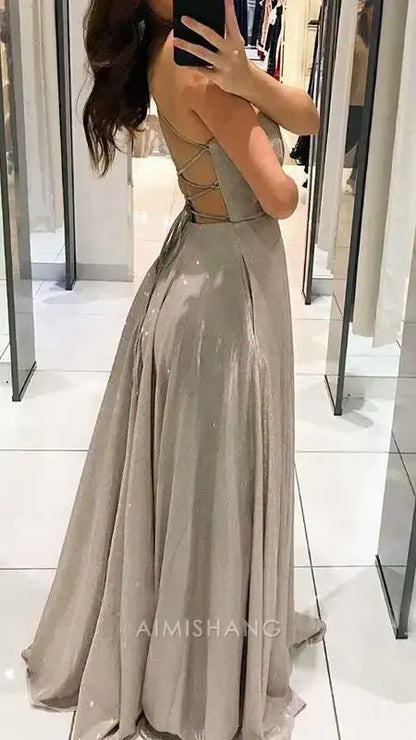 Aimishang Shiny A Line V-neck Sleeveless Long Prom Dress Sexy Party Evening Gown Fashion Formal Dress