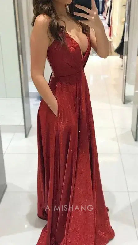 Aimishang Shiny A Line V-neck Sleeveless Long Prom Dress Sexy Party Evening Gown Fashion Formal Dress