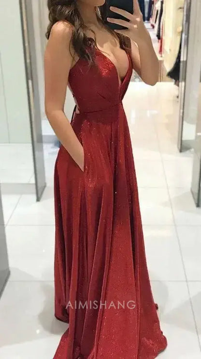 Aimishang Shiny A Line V-neck Sleeveless Long Prom Dress Sexy Party Evening Gown Fashion Formal Dress