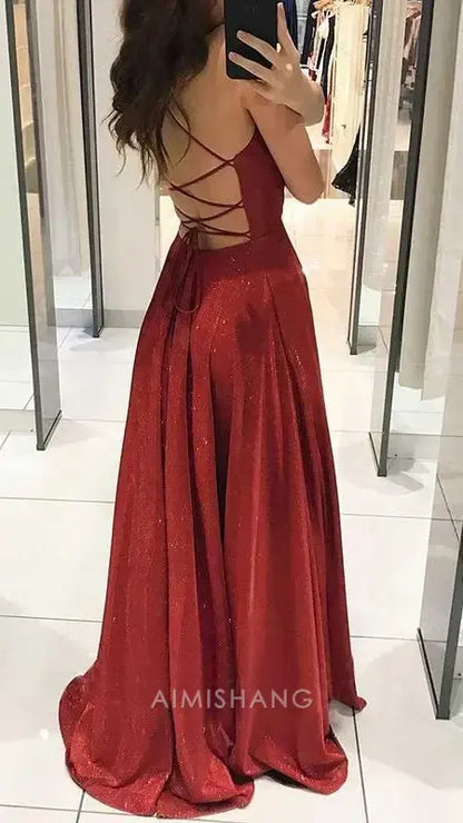 Aimishang Shiny A Line V-neck Sleeveless Long Prom Dress Sexy Party Evening Gown Fashion Formal Dress