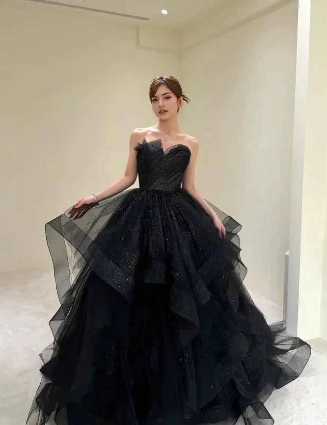 Aimishang Shiny Ball Gown Strapless Ruffle Long Formal Prom Dress Elegant Party Evening Gown