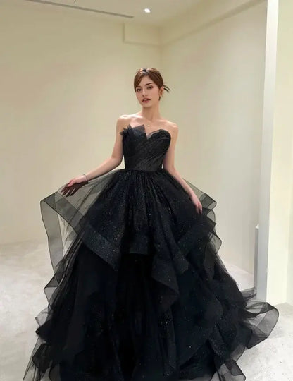 Aimishang Shiny Ball Gown Strapless Ruffle Long Formal Prom Dress Elegant Party Evening Gown