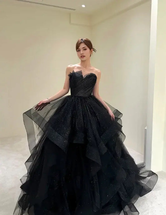 Aimishang Shiny Ball Gown Strapless Ruffle Long Formal Prom Dress Elegant Party Evening Gown