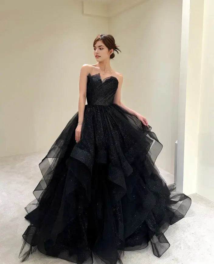 Aimishang Shiny Ball Gown Strapless Ruffle Long Formal Prom Dress Elegant Party Evening Gown