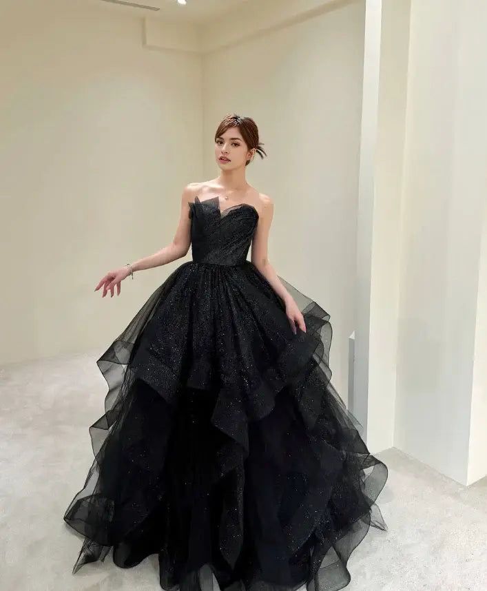 Aimishang Shiny Ball Gown Strapless Ruffle Long Formal Prom Dress Elegant Party Evening Gown