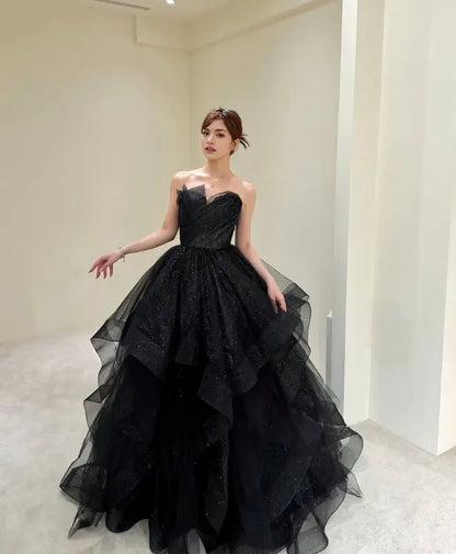 Aimishang Shiny Ball Gown Strapless Ruffle Long Formal Prom Dress Elegant Party Evening Gown
