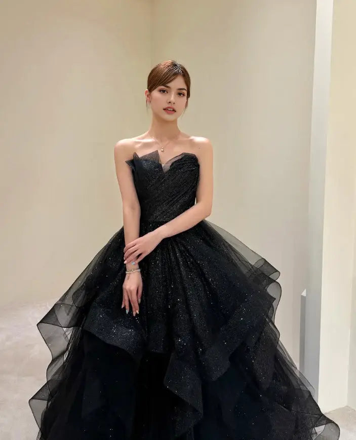 Aimishang Shiny Ball Gown Strapless Ruffle Long Formal Prom Dress Elegant Party Evening Gown