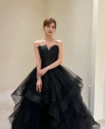 Aimishang Shiny Ball Gown Strapless Ruffle Long Formal Prom Dress Elegant Party Evening Gown