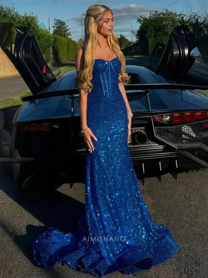 Aimishang Shiny Mermaid Sweetheart Spaghetti Straps Sleeveless Evening Gown Elegant Long Prom Dress Charming Graduation Party Dress