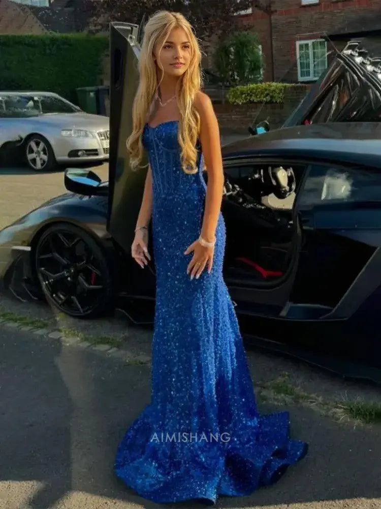 Aimishang Shiny Mermaid Sweetheart Spaghetti Straps Sleeveless Evening Gown Elegant Long Prom Dress Charming Graduation Party Dress