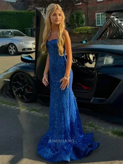 Aimishang Shiny Mermaid Sweetheart Spaghetti Straps Sleeveless Evening Gown Elegant Long Prom Dress Charming Graduation Party Dress