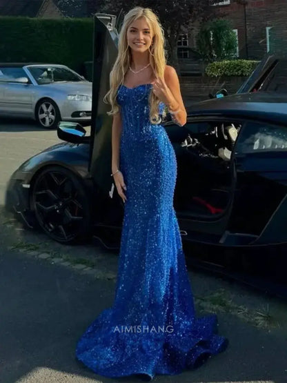 Aimishang Shiny Mermaid Sweetheart Spaghetti Straps Sleeveless Evening Gown Elegant Long Prom Dress Charming Graduation Party Dress