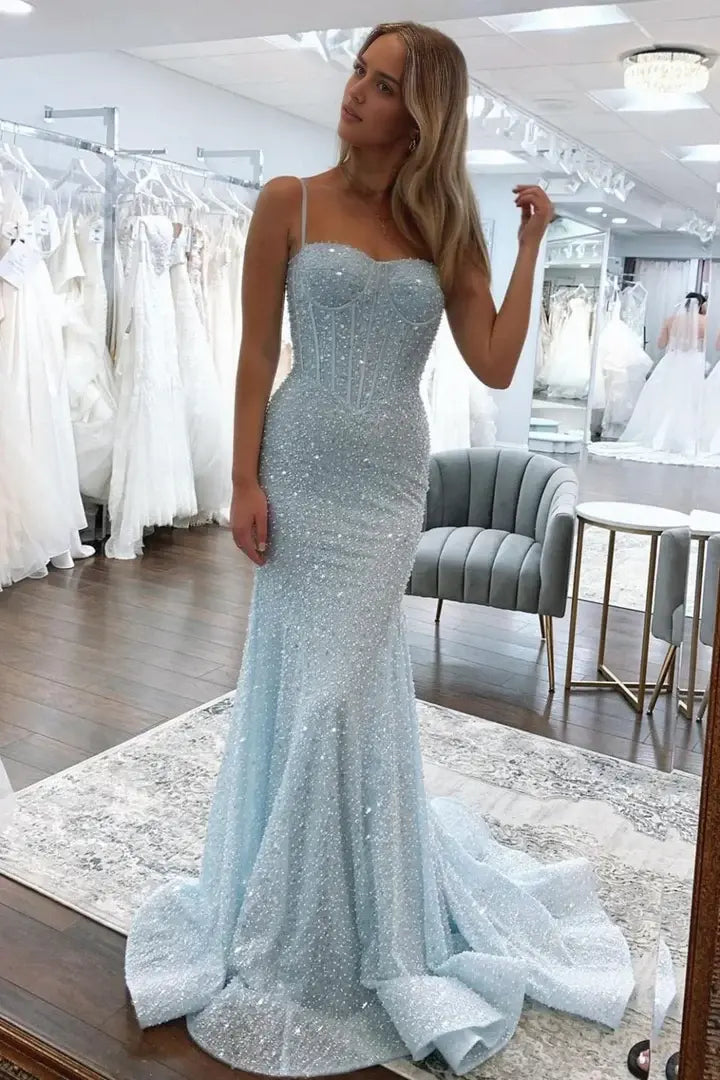 Aimishang Shiny Mermaid Sweetheart Spaghetti Straps Sleeveless Evening Gown Elegant Long Prom Dress Charming Graduation Party Dress