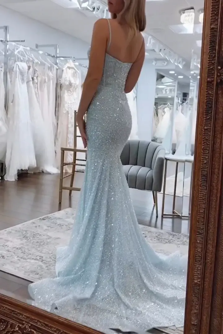 Aimishang Shiny Mermaid Sweetheart Spaghetti Straps Sleeveless Evening Gown Elegant Long Prom Dress Charming Graduation Party Dress