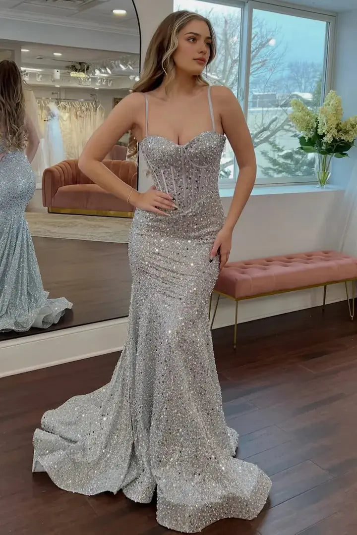 Aimishang Shiny Mermaid Sweetheart Spaghetti Straps Sleeveless Evening Gown Elegant Long Prom Dress Charming Graduation Party Dress