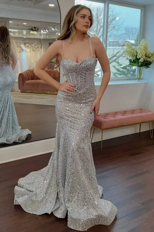 Aimishang Shiny Mermaid Sweetheart Spaghetti Straps Sleeveless Evening Gown Elegant Long Prom Dress Charming Graduation Party Dress