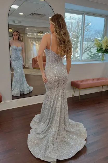 Aimishang Shiny Mermaid Sweetheart Spaghetti Straps Sleeveless Evening Gown Elegant Long Prom Dress Charming Graduation Party Dress