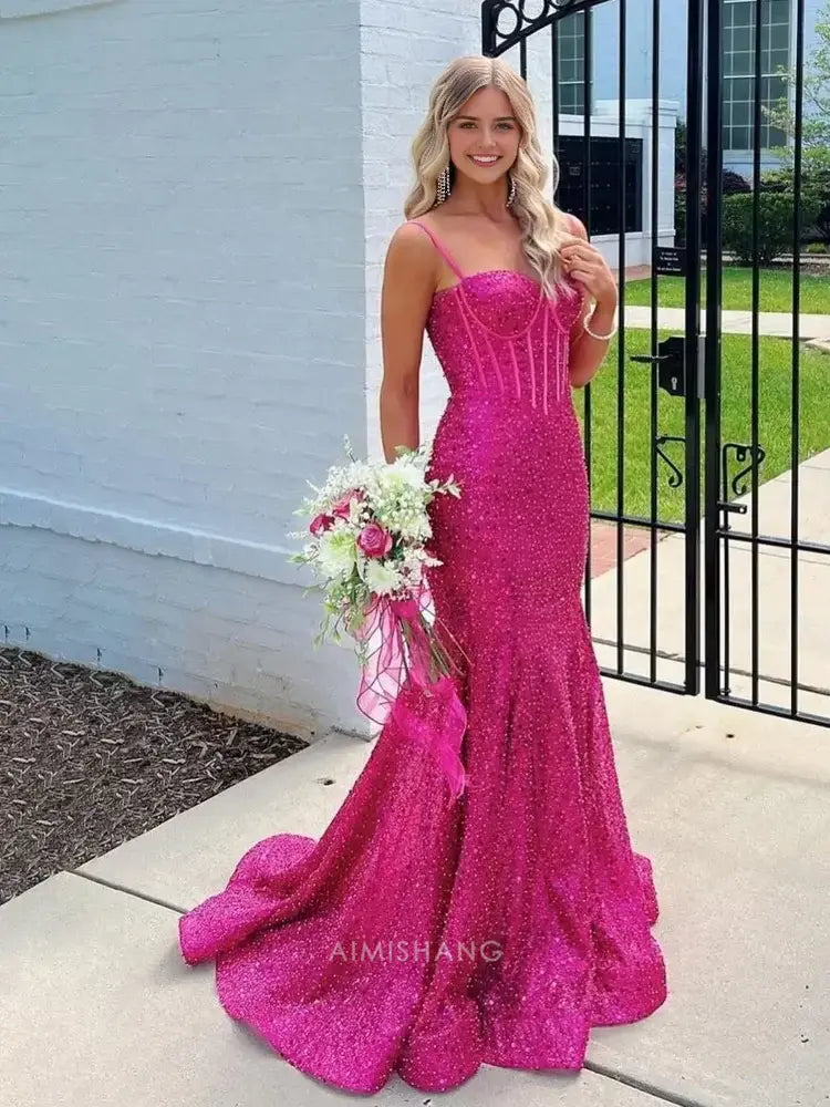 Aimishang Shiny Mermaid Sweetheart Spaghetti Straps Sleeveless Evening Gown Elegant Long Prom Dress Charming Graduation Party Dress