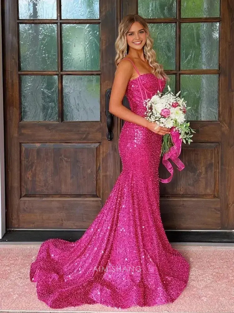 Aimishang Shiny Mermaid Sweetheart Spaghetti Straps Sleeveless Evening Gown Elegant Long Prom Dress Charming Graduation Party Dress