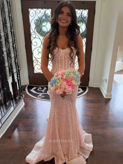 Aimishang Shiny Mermaid Sweetheart Spaghetti Straps Sleeveless Evening Gown Charming Graduation Party Dress Elegant Long Prom Dress