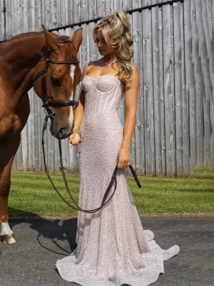 Aimishang Shiny Mermaid Sweetheart Spaghetti Straps Sleeveless Evening Gown Charming Graduation Party Dress Elegant Long Prom Dress
