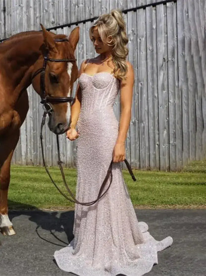 Aimishang Shiny Mermaid Sweetheart Spaghetti Straps Sleeveless Evening Gown Charming Graduation Party Dress Elegant Long Prom Dress