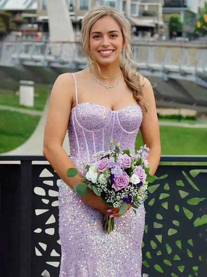 Aimishang Shiny Mermaid Sweetheart Spaghetti Straps Sleeveless Evening Gown Elegant Long Prom Dress Charming Graduation Party Dress