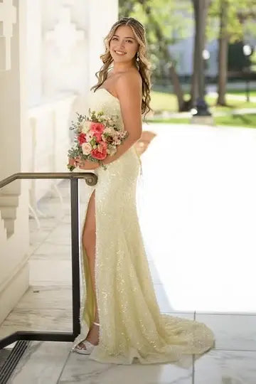Aimishang Shiny Mermaid Strapless Sleeveless Long Formal Prom Dress Elegant Party Graduation Dress With Slit