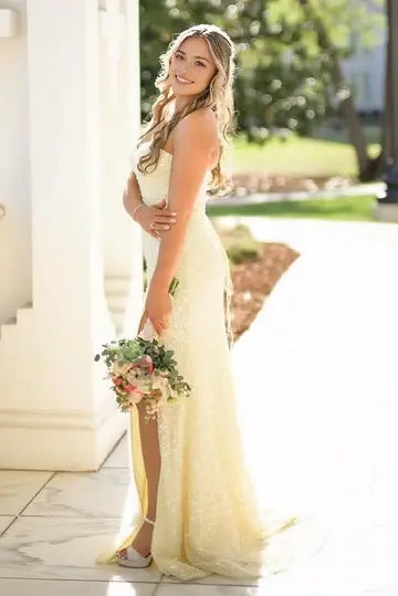 Aimishang Shiny Mermaid Strapless Sleeveless Long Formal Prom Dress Elegant Party Graduation Dress With Slit