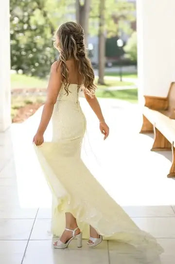 Aimishang Shiny Mermaid Strapless Sleeveless Long Formal Prom Dress Elegant Party Graduation Dress With Slit