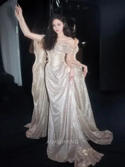 Aimishang Shiny Off The Shoulder Long Formal Prom Dress Fashion Party Evening Gown Charming Graduation Dress