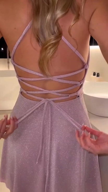 Aimishang Shiny Spaghetti Straps A Line Sleeveless Short Summer Birthday Party Dress Sweet Mini Graduation Homecoming Dress